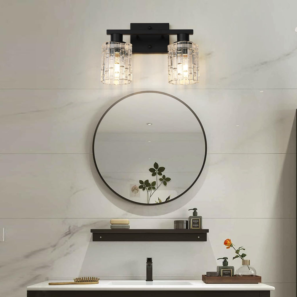 2-Light Matte Black Bathroom Vanity Light, Crystal Glass Shade Wall Lamp with E26 Base