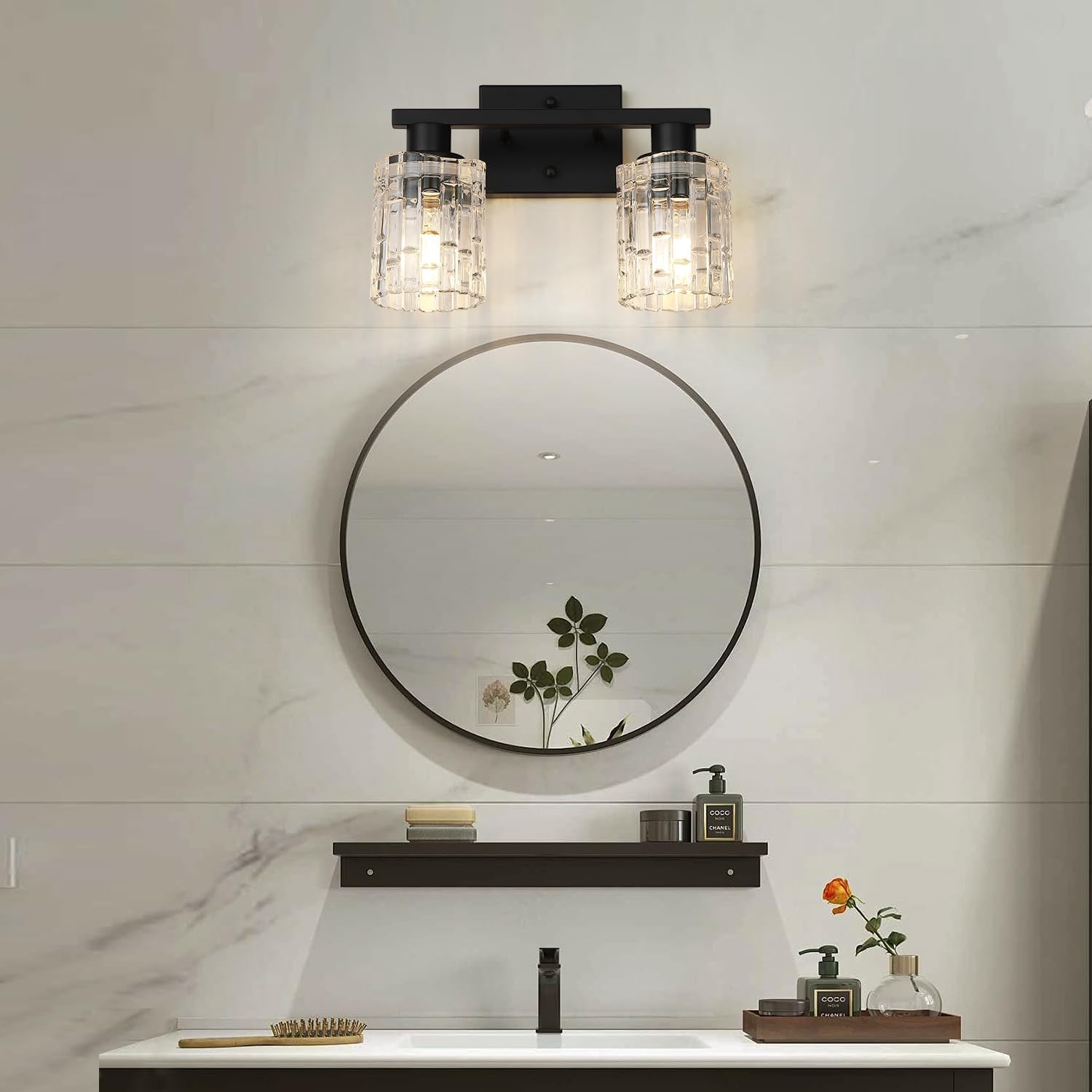 2-Light Matte Black Bathroom Vanity Light, Crystal Glass Shade Wall Lamp with E26 Base
