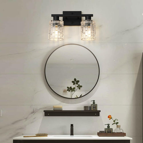 2-Light Matte Black Bathroom Vanity Light, Crystal Glass Shade Wall Lamp with E26 Base