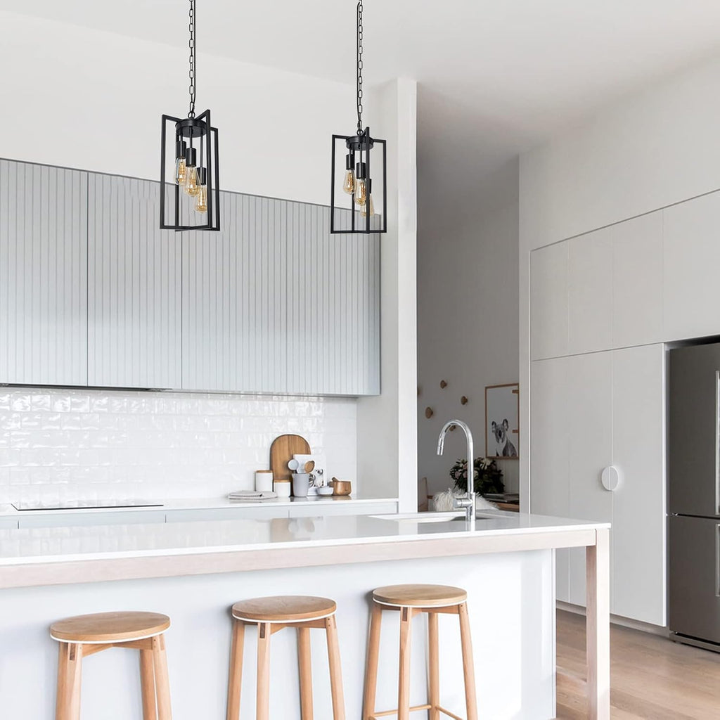 Modern Black Industrial Farmhouse Pendant Lighting, Rectangle Metal Cage Chandelier Hanging Light Fixture for Kitchen Island, Dining Room, Entryway, Hallway (3-Light)