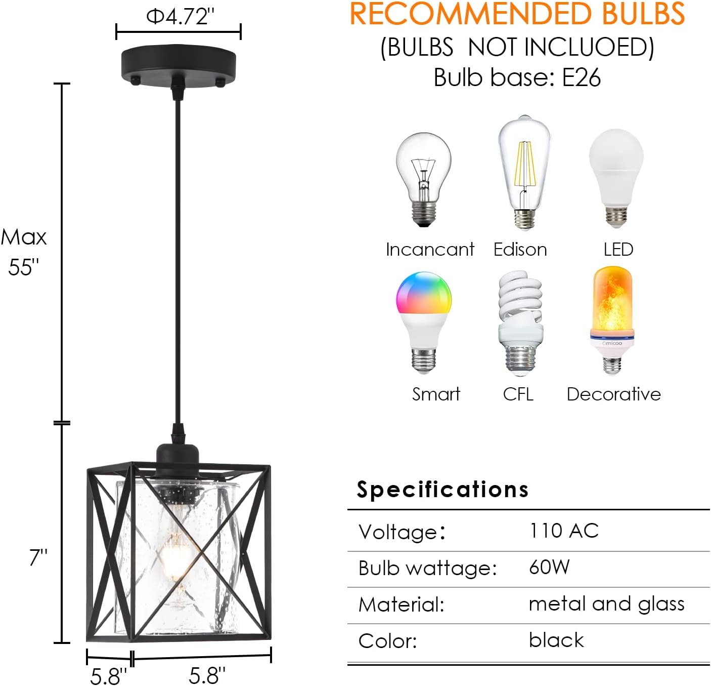 Farmhouse Black Pendant Light with Seeded Glass Industrial Cage Blown Clear Bubble Glass Hanging Lighting Adjustable Cord for Kitchen Island Over Sink Hallway