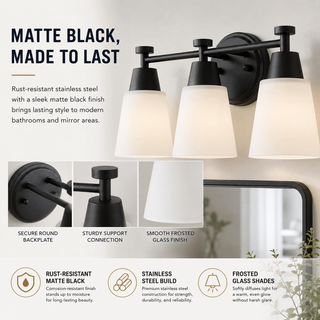 3-Light Matte Black Vanity Light, Frosted Glass Stainless Steel Wall Sconce for Bathroom Bedroom Living Room