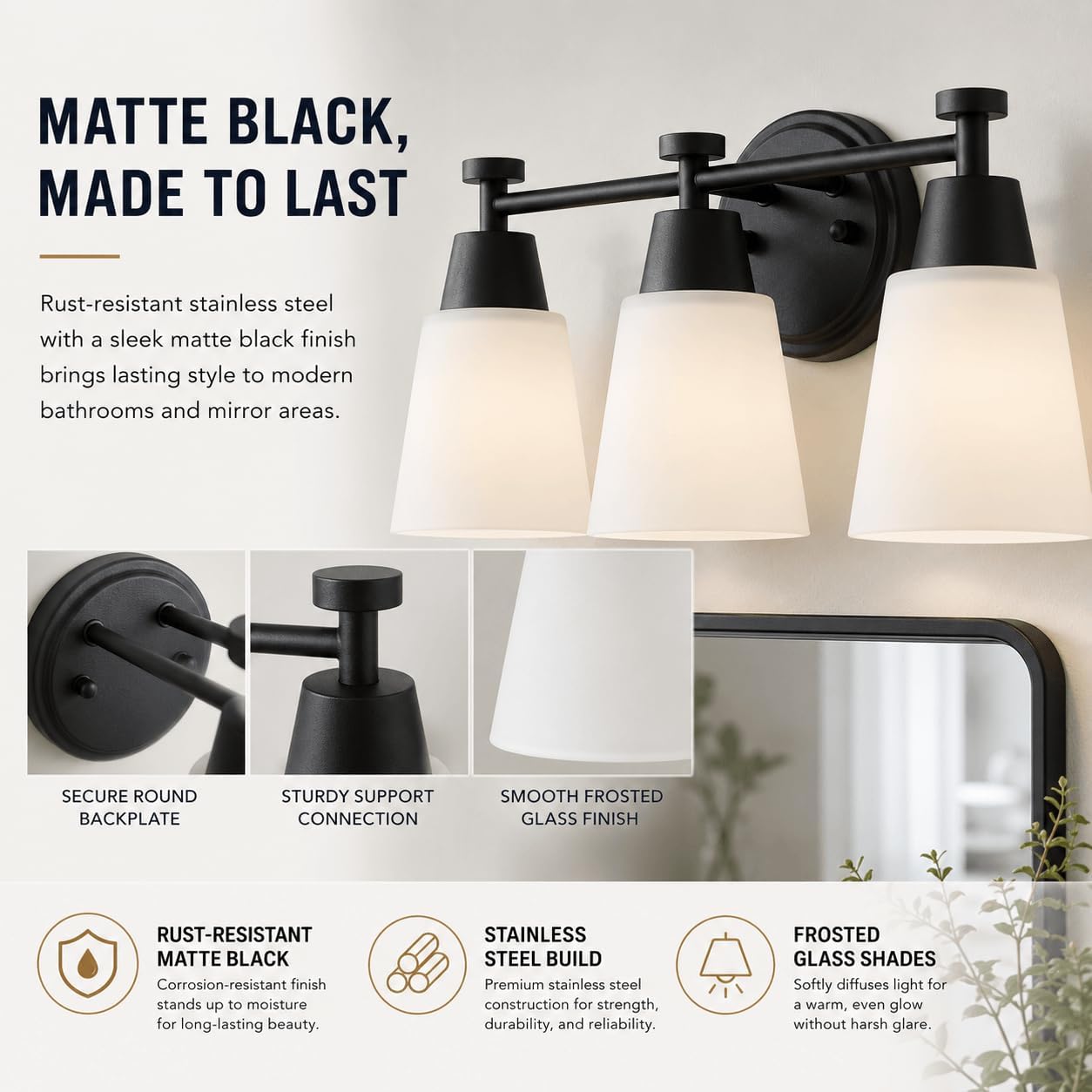 3-Light Matte Black Vanity Light, Frosted Glass Stainless Steel Wall Sconce for Bathroom Bedroom Living Room