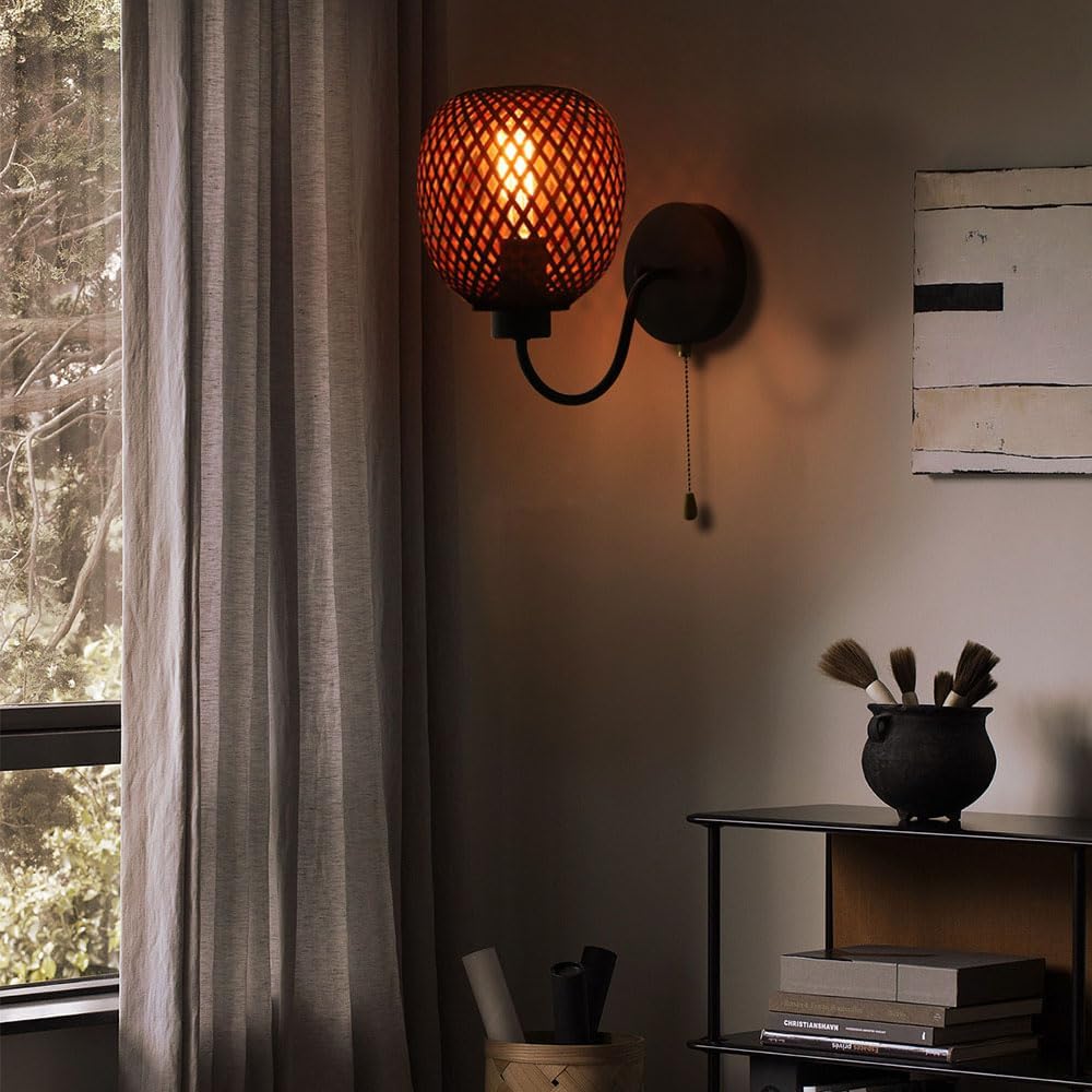 Mengjay Bamboo Boho Wall Lights,E27 Vintage Wooden Wall Light with Rattan Lampshade, with Pull Cord Switch,Hand Woven Wall Lighting for Bedroom, Living Room, Hallway, Porch (B)