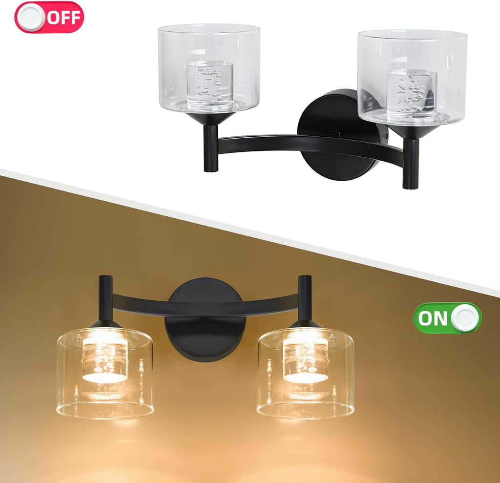 MantoLite 2-Light Wall Sconces Vanity Light with Clear Glass Shade Wall Light for Living Room Hallway Bedroom Black Modern Bathroom Lighting Fixtures(Bulbs Included)