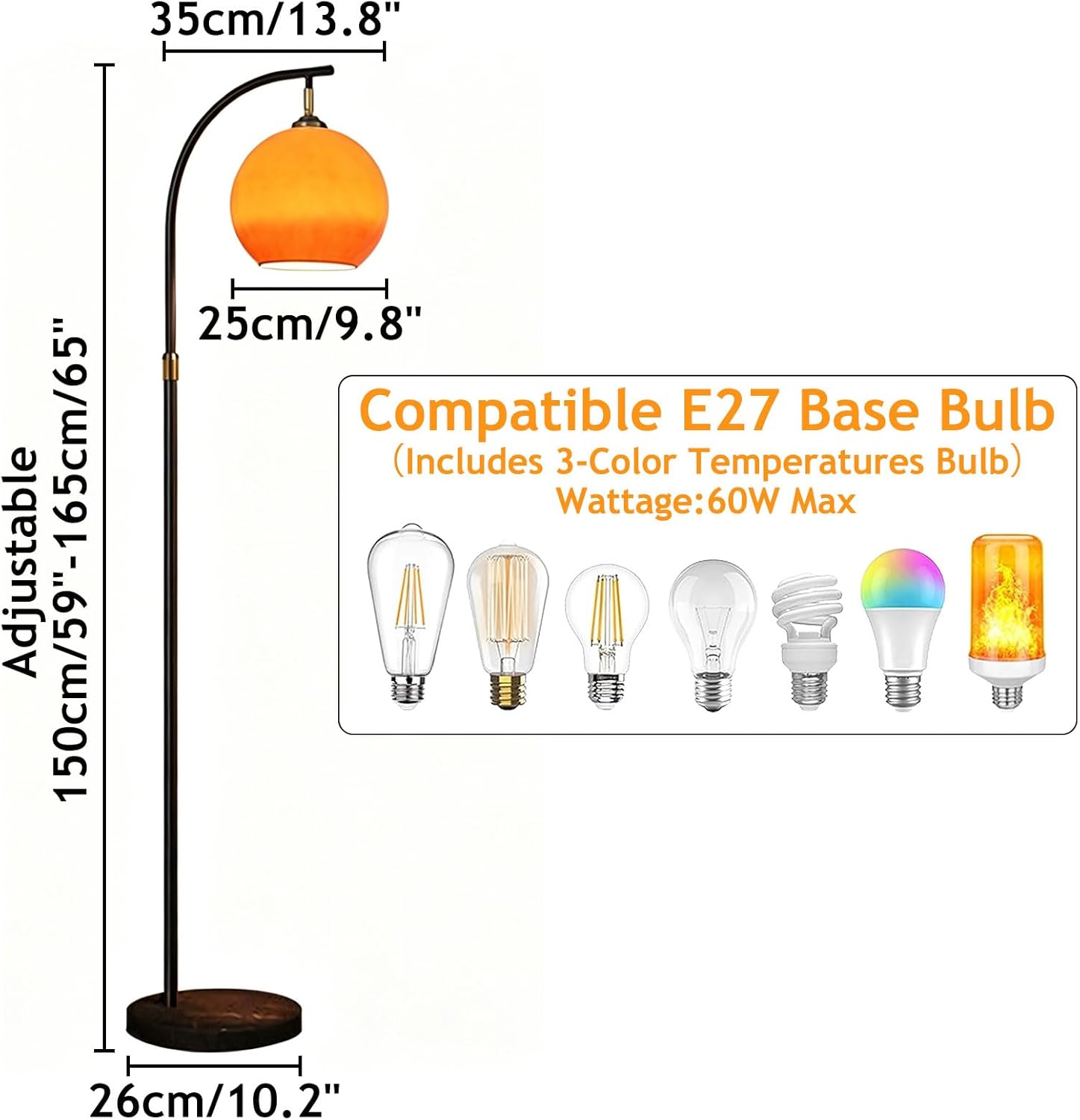 Nordic Orange Glass Floor Lamp Arc Height Adjustable Floor Light Marble Base Tall Lamp with Globe Glass E26 Dimmable Standing Fixtures for Living Room Sofa Area Study Bedroom
