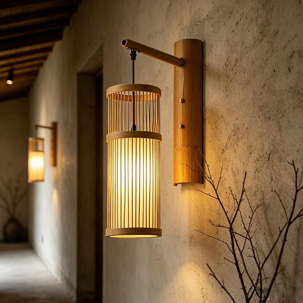 Indoor Bamboo Woven Wall Lamp Handwoven Rattan Wall Light E27 Retro Boho Wall Sconce Rustic Bamboo Lantern Light Fixture Farmhouse Wall Lighting for Living Room/Bedroom(A)