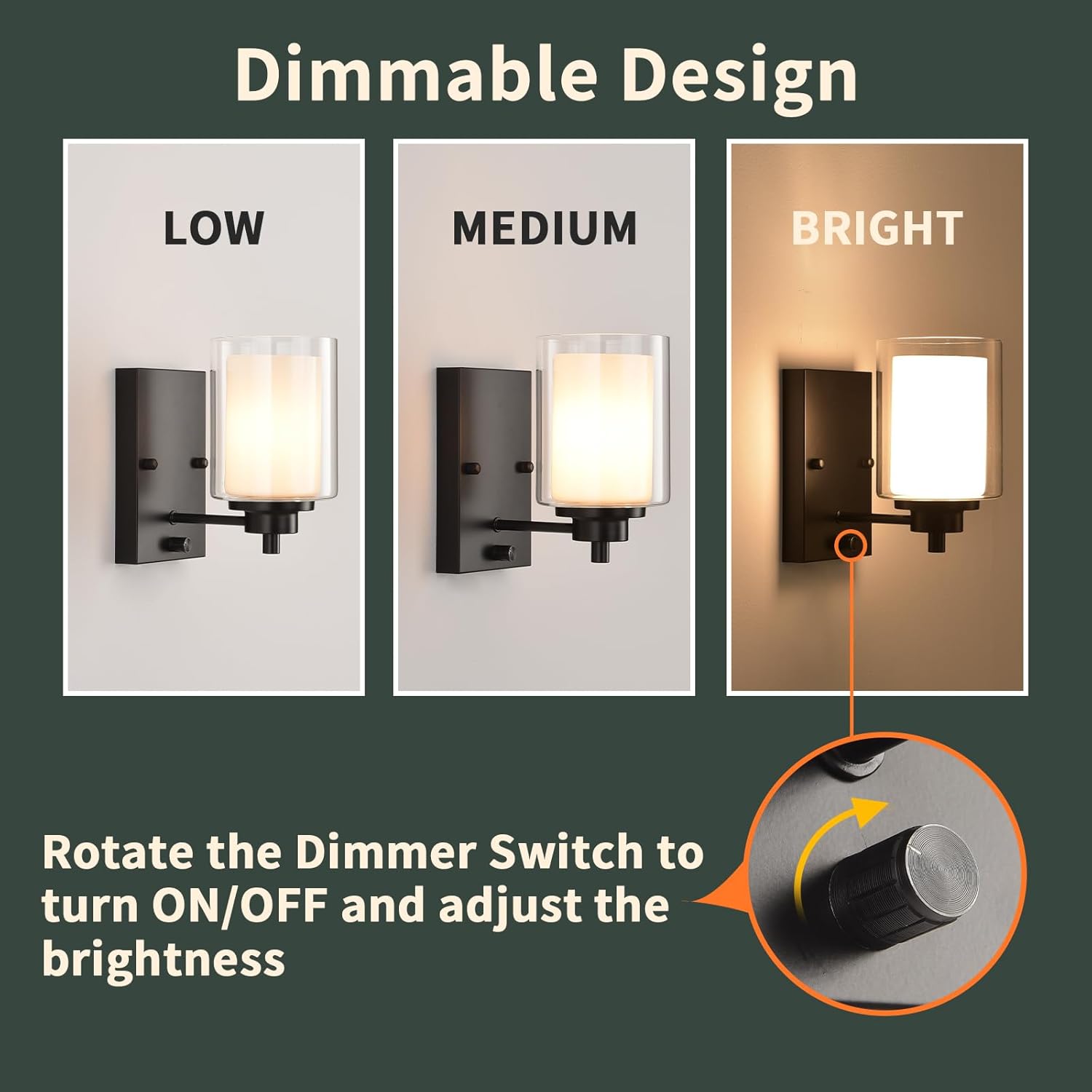 Dimmable Industrial Bedside Wall Lights Set of 2, Vintage Wall Lamp Fitting Fixture with Dimmer Switch, Retro Wall Lighting, Modern Rustic Wall Sconce for Living Room Bedroom Bathroom Bedside