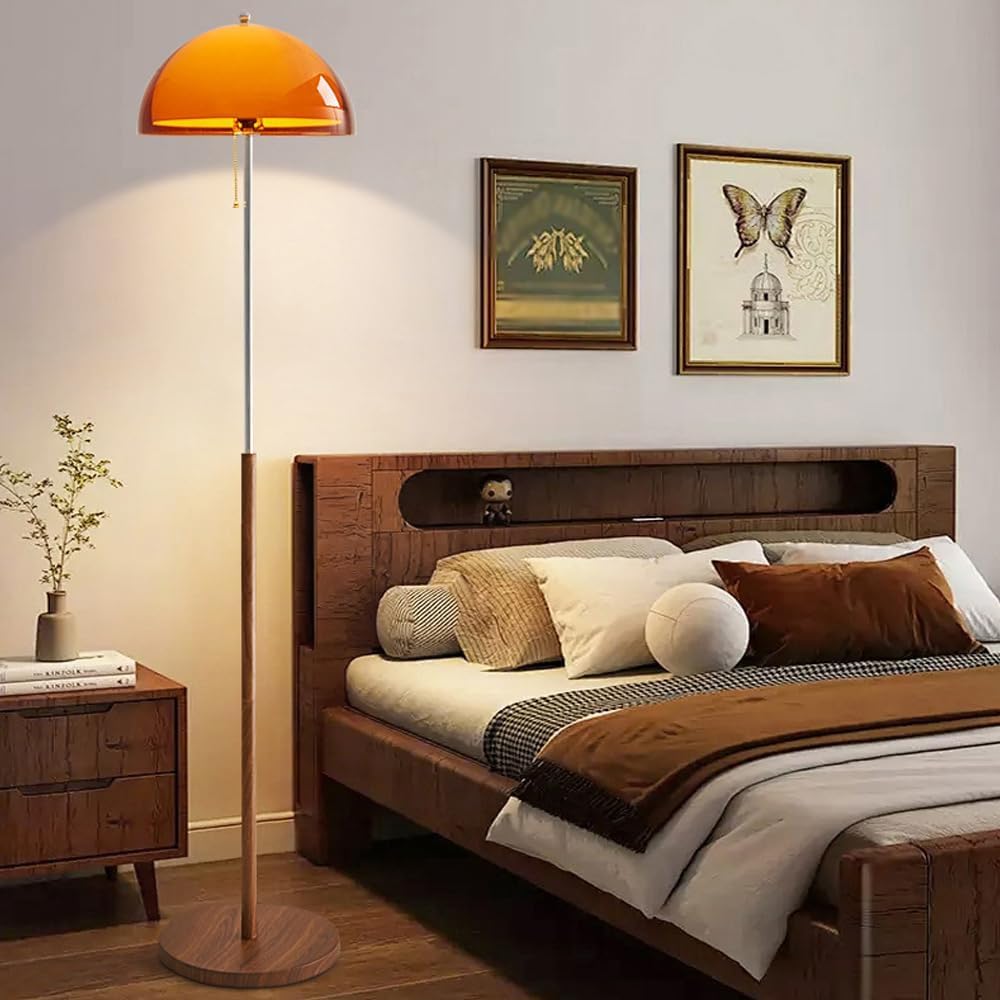 Mushroom Floor Lamp 60" Orange Floor Lamp Mid Century Globe Acrylic Standing Lamp with E27 3-Color Temperature MCM Wooden Tall Light for Living Room Bedroom Study Office (Includes Bulb)