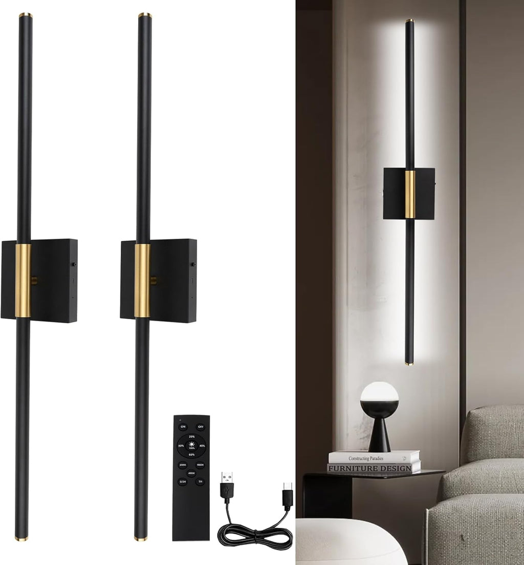 Battery Operated LED Wall Lights, USB Rechargeable Dimmable wall lights with Remote Control, Black Gold LED Rechargeable Sconces,70CM Wireless Wall light for Bedroom Living Room Hallway, 2 Pack