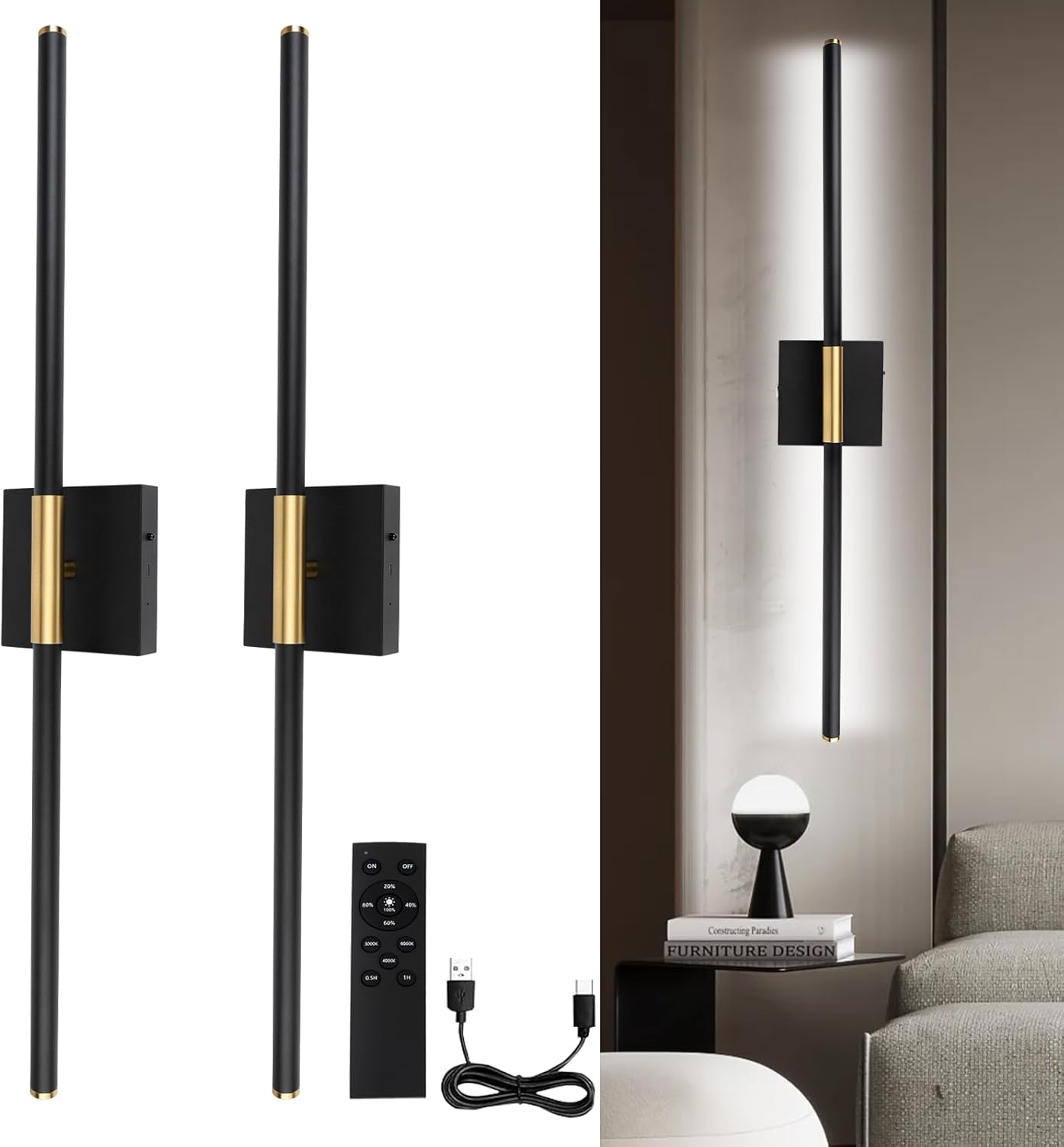 Battery Operated LED Wall Lights, USB Rechargeable Dimmable wall lights with Remote Control, Black Gold LED Rechargeable Sconces,70CM Wireless Wall light for Bedroom Living Room Hallway, 2 Pack