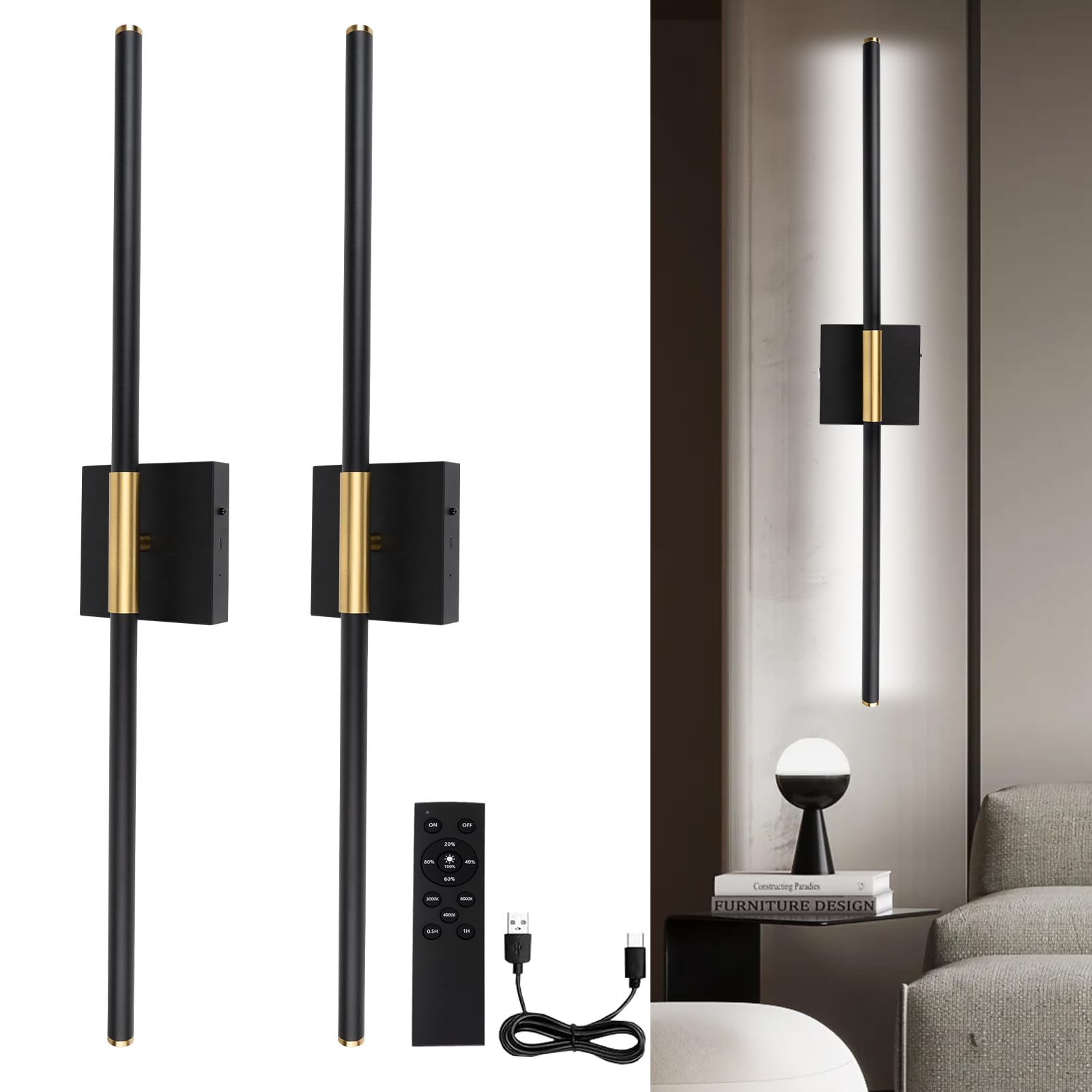 Battery Operated LED Wall Lights, USB Rechargeable Dimmable wall lights with Remote Control, Black Gold LED Rechargeable Sconces,70CM Wireless Wall light for Bedroom Living Room Hallway, 2 Pack
