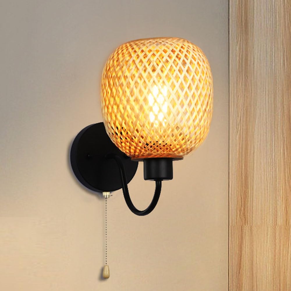 Mengjay Bamboo Boho Wall Lights,E27 Vintage Wooden Wall Light with Rattan Lampshade, with Pull Cord Switch,Hand Woven Wall Lighting for Bedroom, Living Room, Hallway, Porch (B)