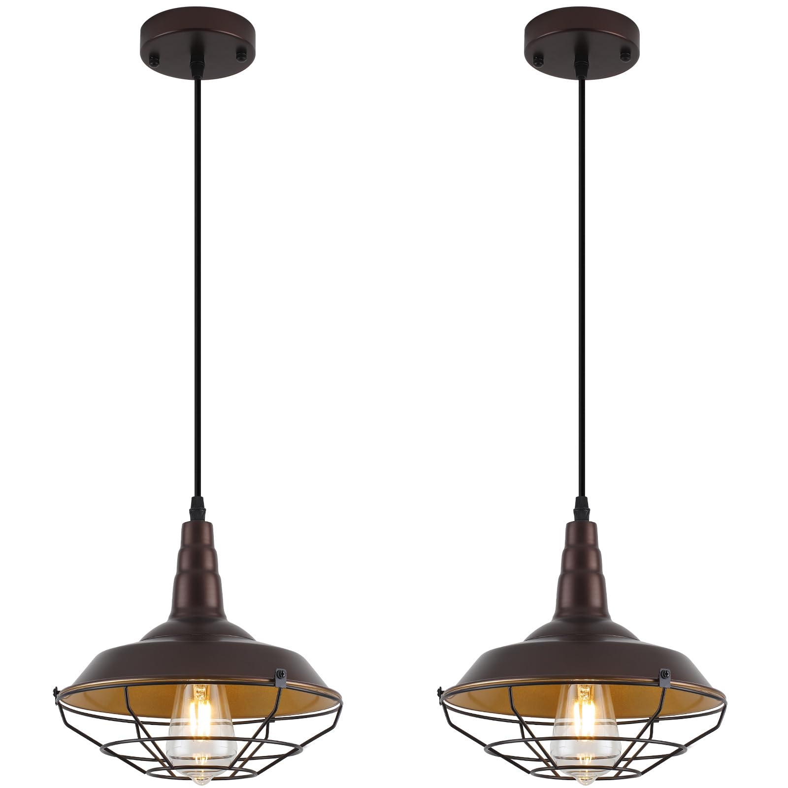 Farmhouse Pendant Light 2 Pack, 10.2" Black Pendant Lights Kitchen Island, Industrial Vintage Light Fixtures Metal Wire Cage Pendant Lighting, Island Lights for Kitchen Dining Room