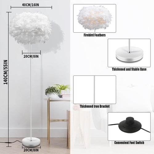 55" White Feather Floor Lamp with Foot Switch, E27 Socket for Living Room Bedroom Office