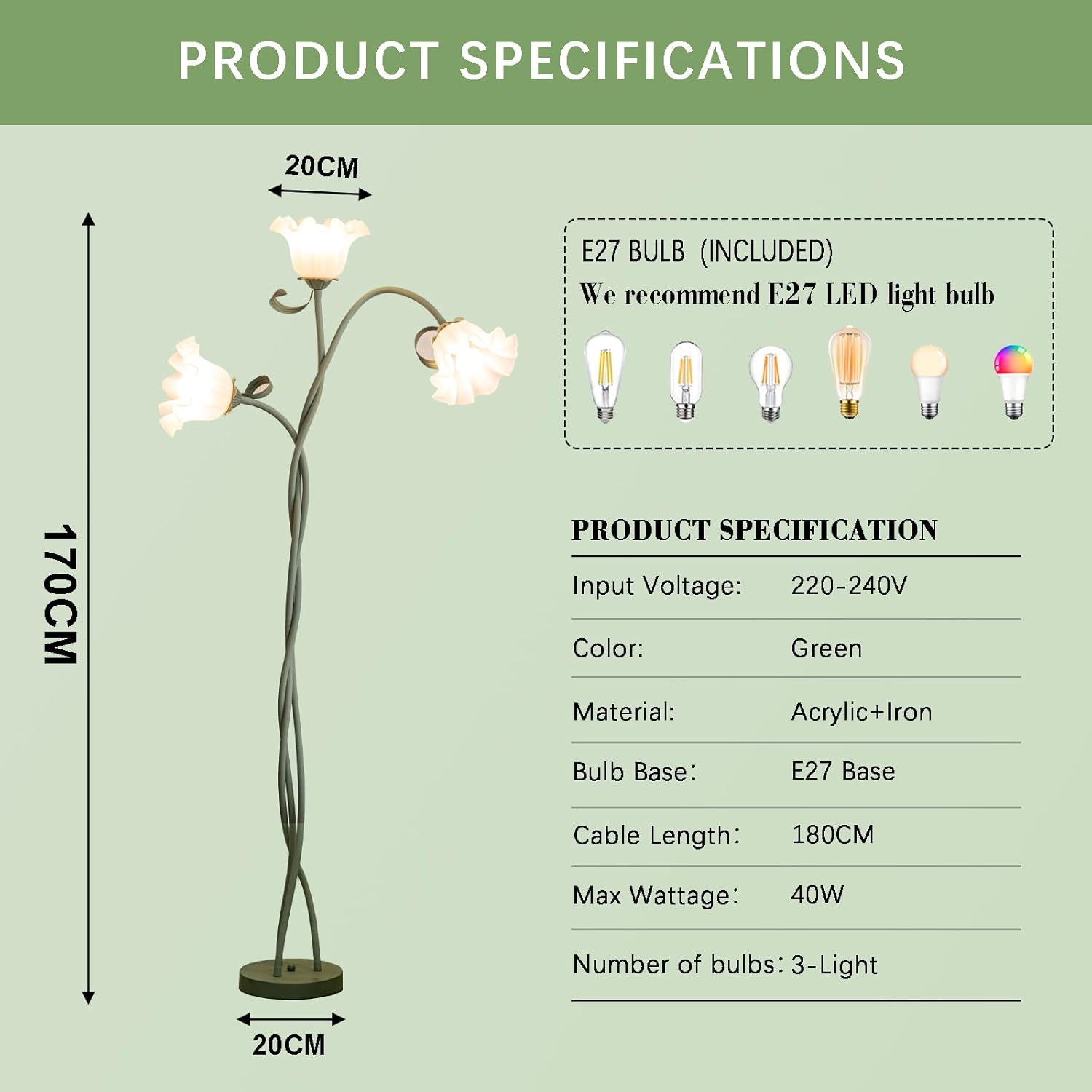 Green Flowers Floor Lamp, 3-Color DIY Standing Lamp for Home Decoration, Bedroom, Study Rooms, Children's Rooms, Offices, Dormitories, H170 Cm/70 in, 3 Bulbs Include
