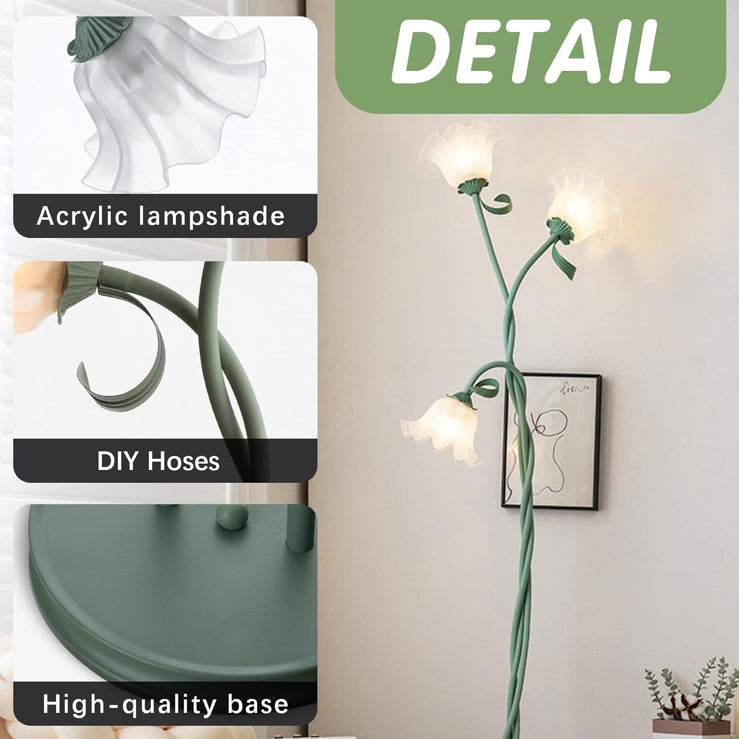 Green Flowers Floor Lamp, 3-Color DIY Standing Lamp for Home Decoration, Bedroom, Study Rooms, Children's Rooms, Offices, Dormitories, H170 Cm/70 in, 3 Bulbs Include