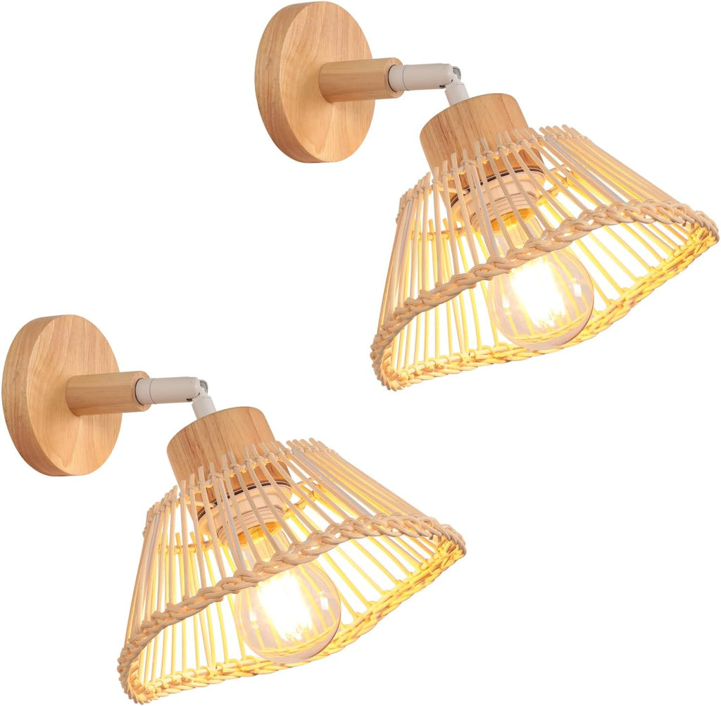 Set of 2 Woven Bamboo Wall Lamp Wooden Indoor Adjustable Vintage Light for Bedroom, Living Room, Hallway, Restaurant