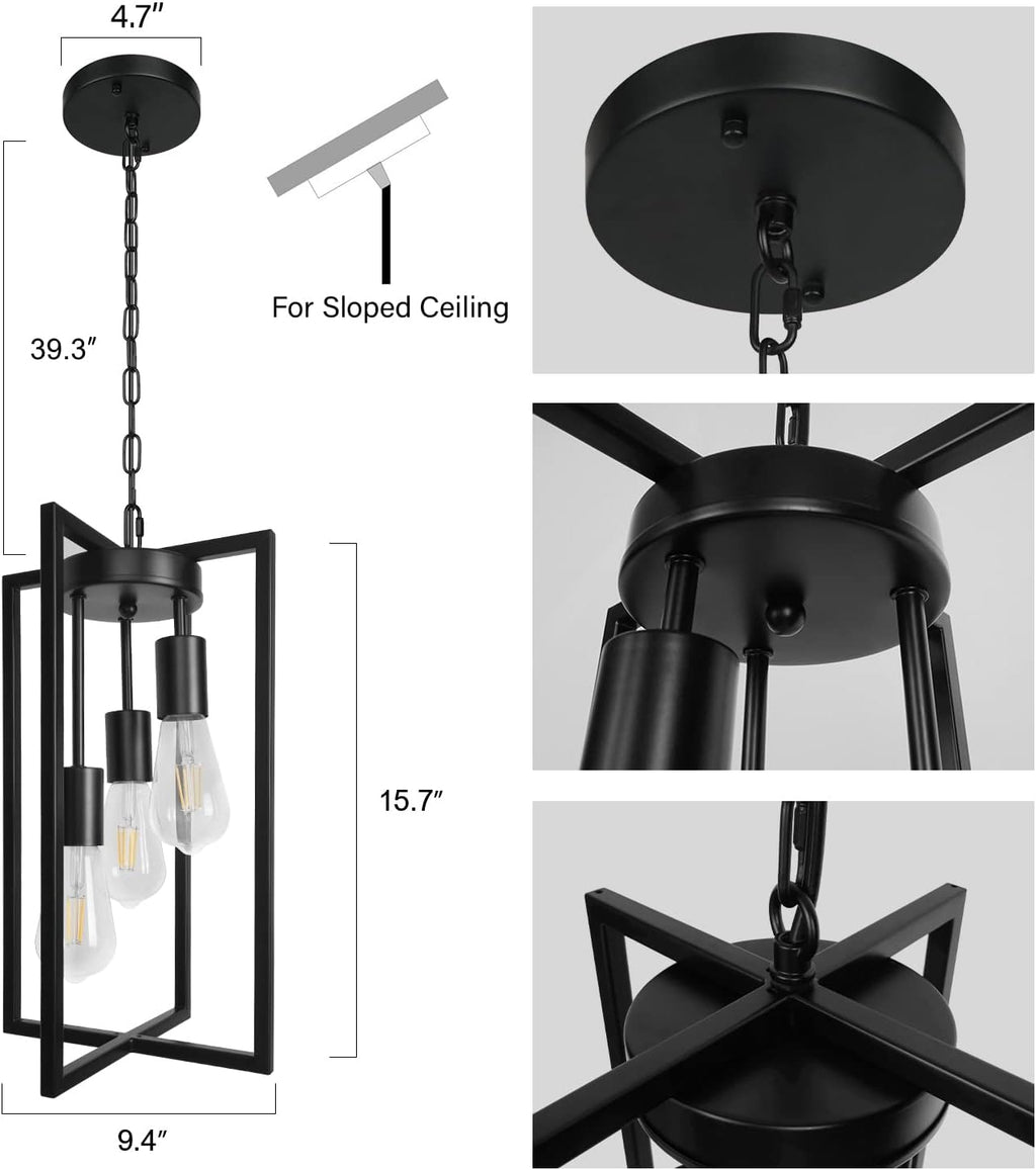 Modern Black Industrial Farmhouse Pendant Lighting, Rectangle Metal Cage Chandelier Hanging Light Fixture for Kitchen Island, Dining Room, Entryway, Hallway (3-Light)