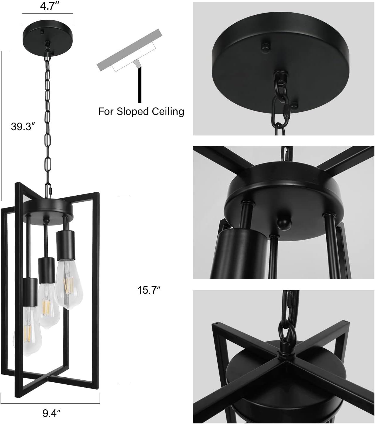 Modern Black Industrial Farmhouse Pendant Lighting, Rectangle Metal Cage Chandelier Hanging Light Fixture for Kitchen Island, Dining Room, Entryway, Hallway (3-Light)