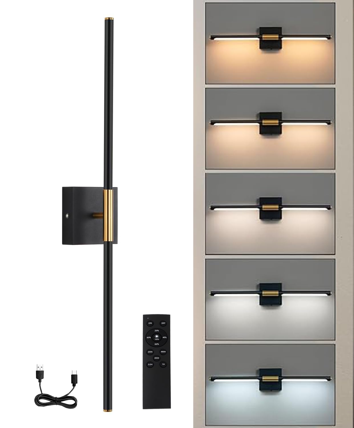 Battery Operated LED Wall Lights, USB Rechargeable Dimmable wall lights with Remote Control, Black Gold LED Rechargeable Sconces,70CM Wireless Wall light for Bedroom Living Room Hallway, 2 Pack