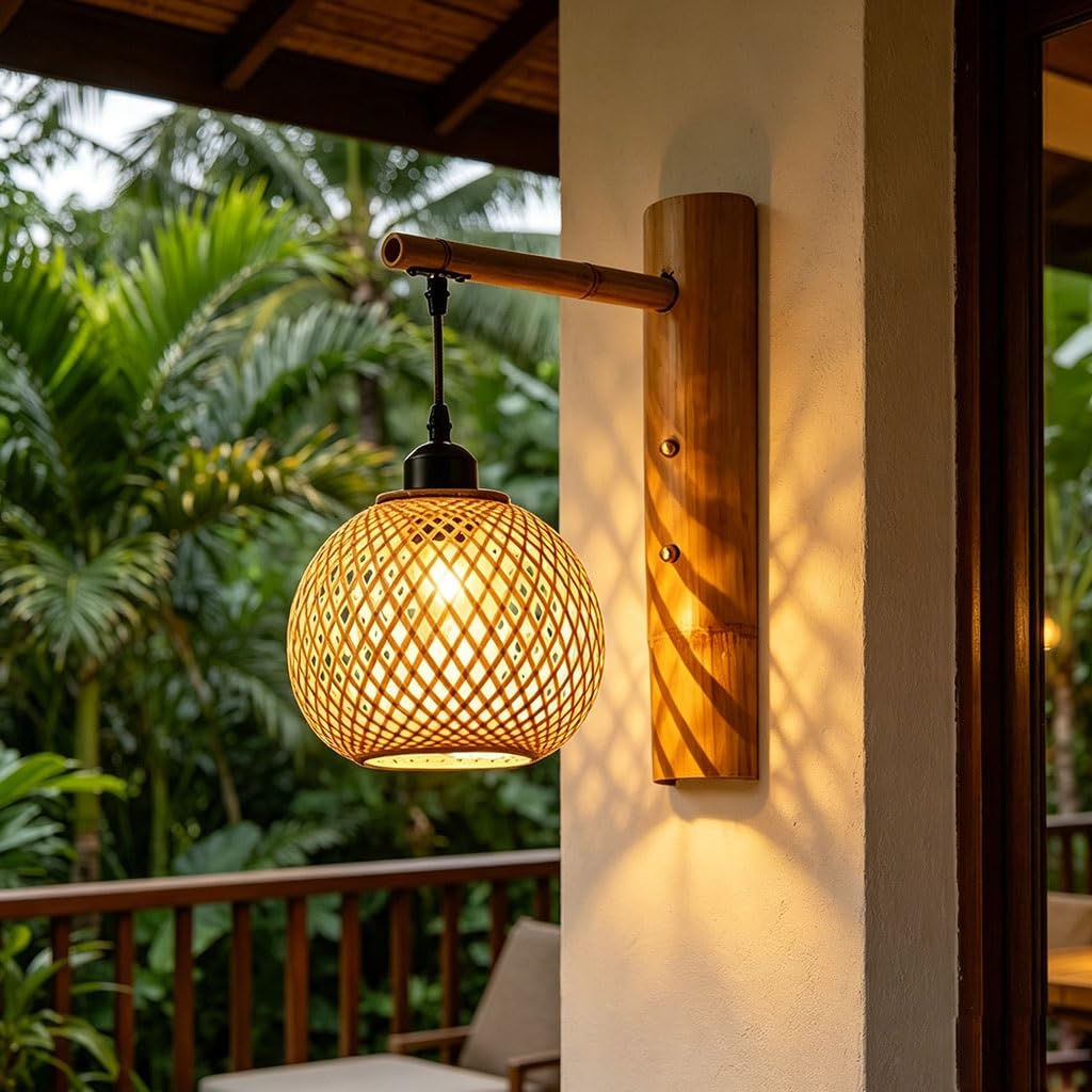 Indoor Bamboo Woven Wall Lamp Handwoven Rattan Wall Light E27 Retro Boho Wall Sconce Rustic Bamboo Lantern Light Fixture Farmhouse Wall Lighting for Living Room/Bedroom(A)