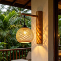 Indoor Bamboo Woven Wall Lamp Handwoven Rattan Wall Light E27 Retro Boho Wall Sconce Rustic Bamboo Lantern Light Fixture Farmhouse Wall Lighting for Living Room/Bedroom(A)