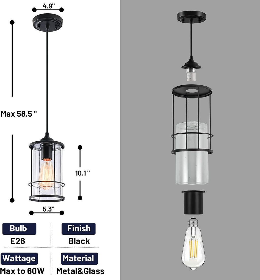 AKEZON Pendant Lights, Black Hanging Light Fixtures Kitchen Island 2 Pack with Clear Glass, Modern Industrial Cage Pendant Lighting for Kitchen Dining Room Entryway Bathroom