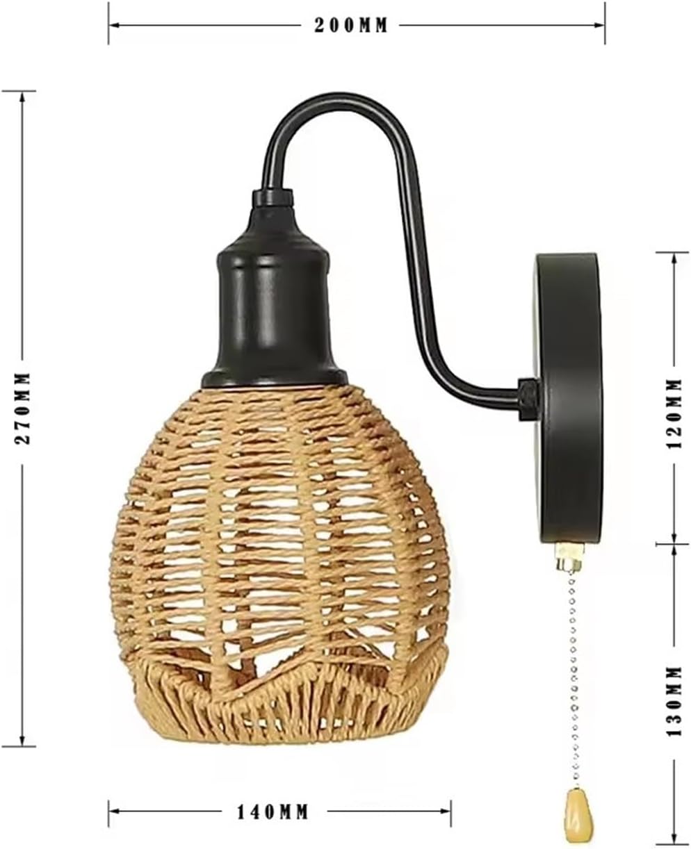 Rattan Pastoral Bedroom Bedside Aisle Background Wall Lamps Modern Woven Cage Lamp Pull Wire Wall Light (Neutral light)