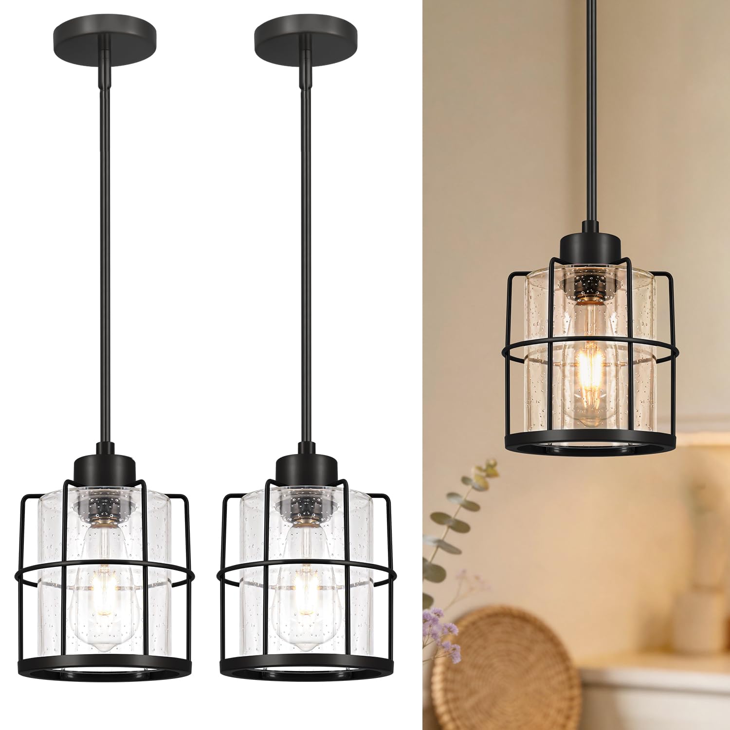 Farmhouse Pendant Lights Kitchen Island Set Of 2, Black Kitchen Island Lighting With Adjustable Rods, Industrial Cage Bathroom Pendant Lights With Clear Glass For Dining Room Hallway Sink