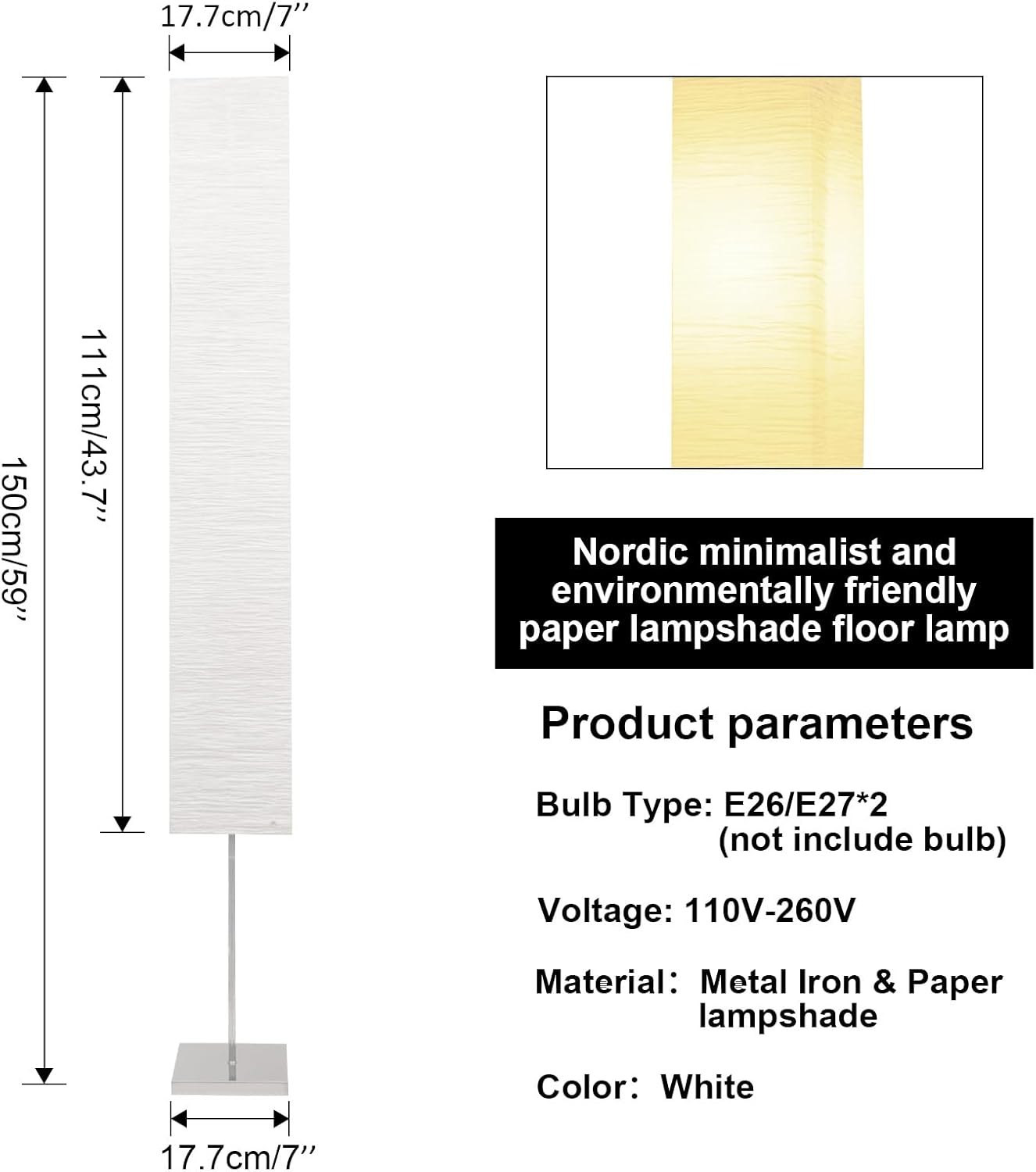 HonoDing CX00015 59 Inches Tall Living Room Paper Lamp with White Paper Shade and Chrome Base, On/Off Foot Switch - Ideal as Papers Floor Lamps for Living Room and Bedroom Decor (2-PK)