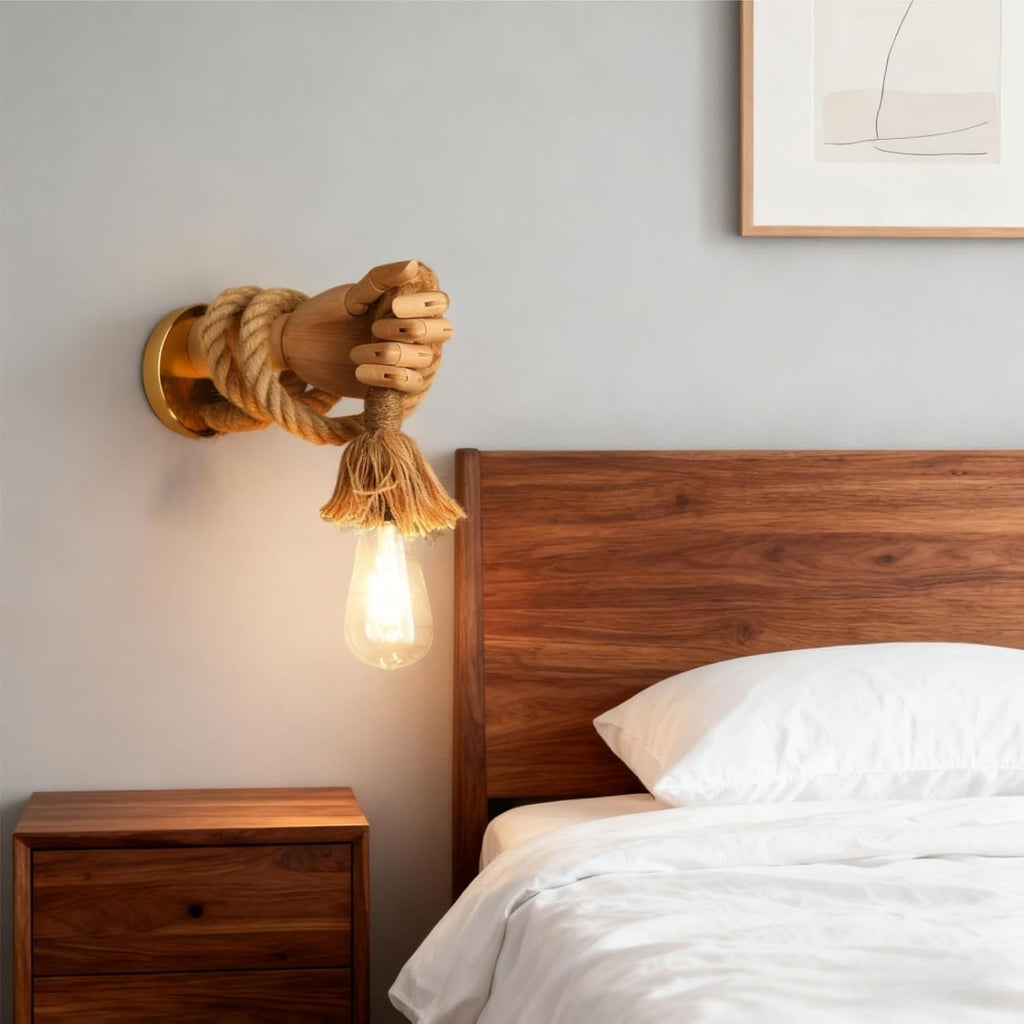 Wooden Hand Shape Wall Light, E27 Rustic Rope Lighting Fixtures, Unique Art Decor Wall Lamp for Bedroom, Restaurant, Living Room, Hallway (Left Hand)