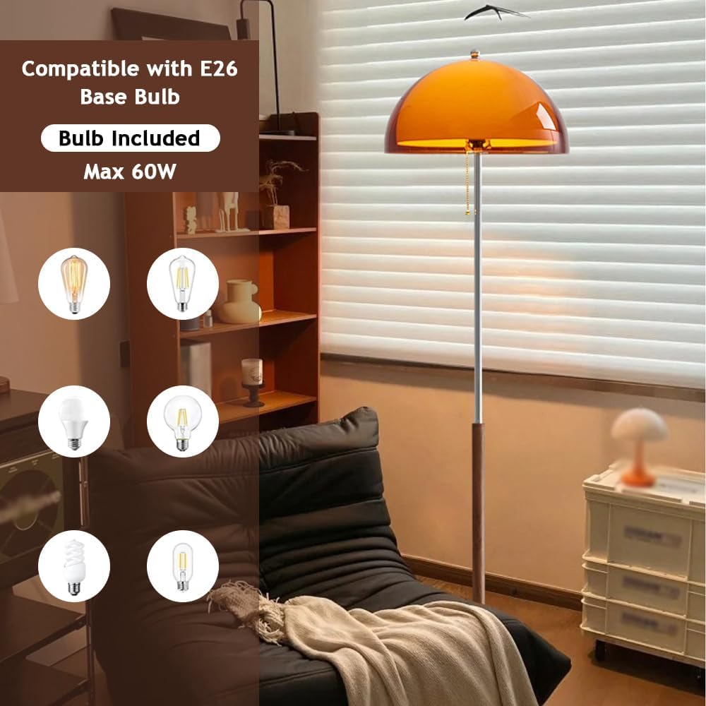 Mushroom Floor Lamp 60" Orange Floor Lamp Mid Century Globe Acrylic Standing Lamp with E27 3-Color Temperature MCM Wooden Tall Light for Living Room Bedroom Study Office (Includes Bulb)
