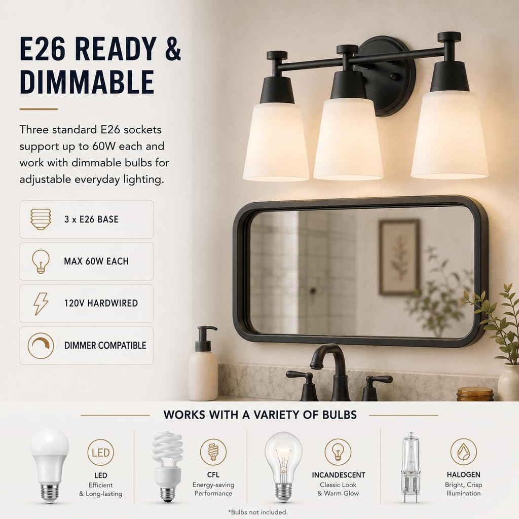 3-Light Matte Black Vanity Light, Frosted Glass Stainless Steel Wall Sconce for Bathroom Bedroom Living Room