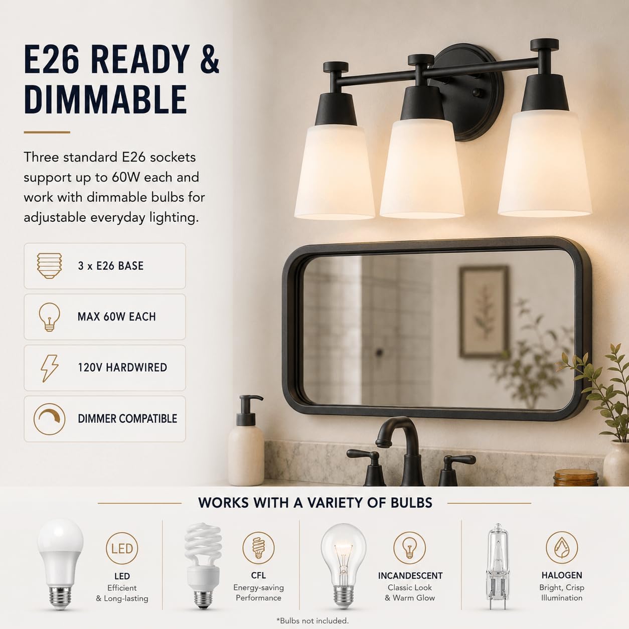 3-Light Matte Black Vanity Light, Frosted Glass Stainless Steel Wall Sconce for Bathroom Bedroom Living Room