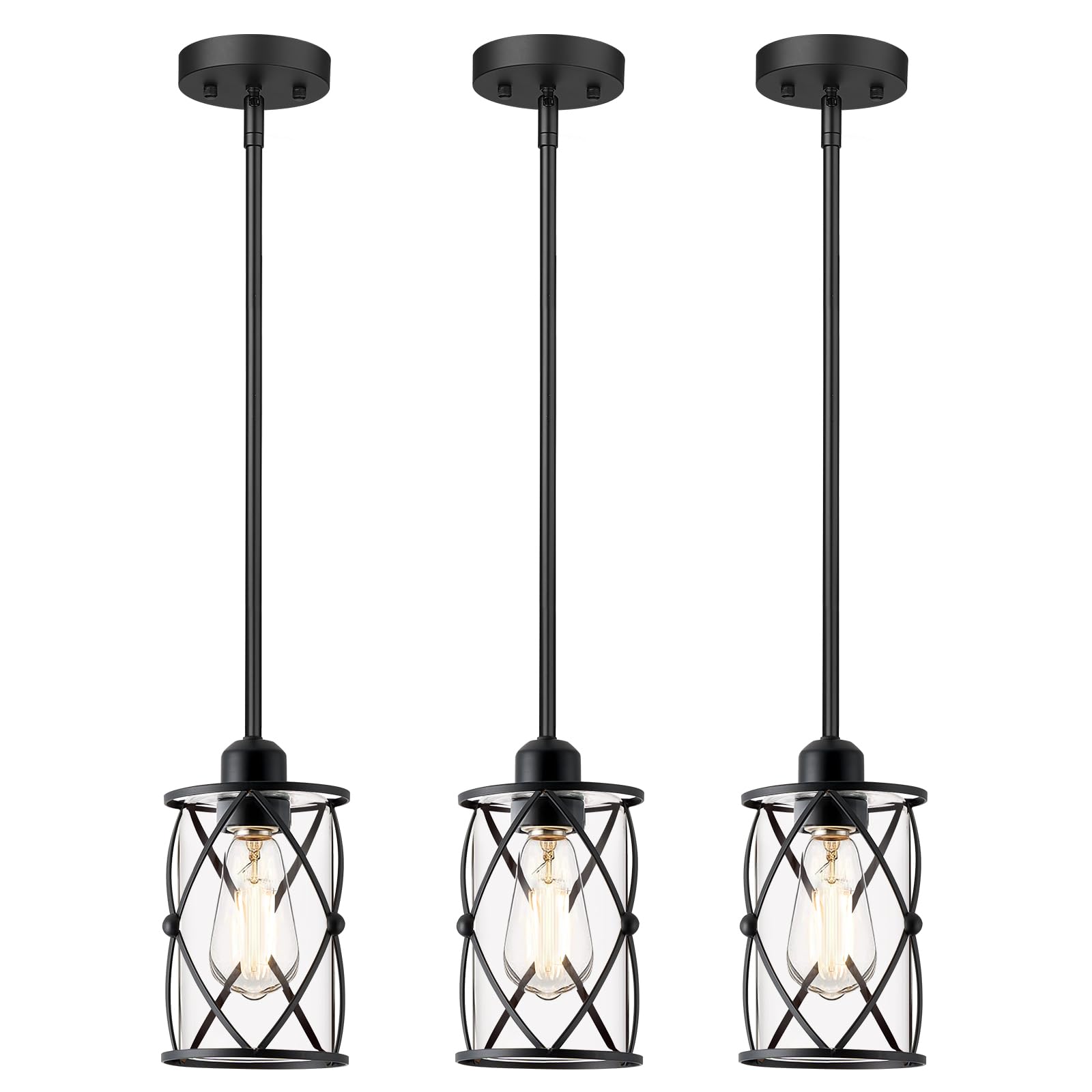 Glass Pendant Lights Kitchen Island 2 Pack, Black Mini Pendant Light with Clear Glass, Farmhouse Industrial Cage Hanging Lighting for Kitchen Sink Dining Room Bathroom, CH9176-1-2PK
