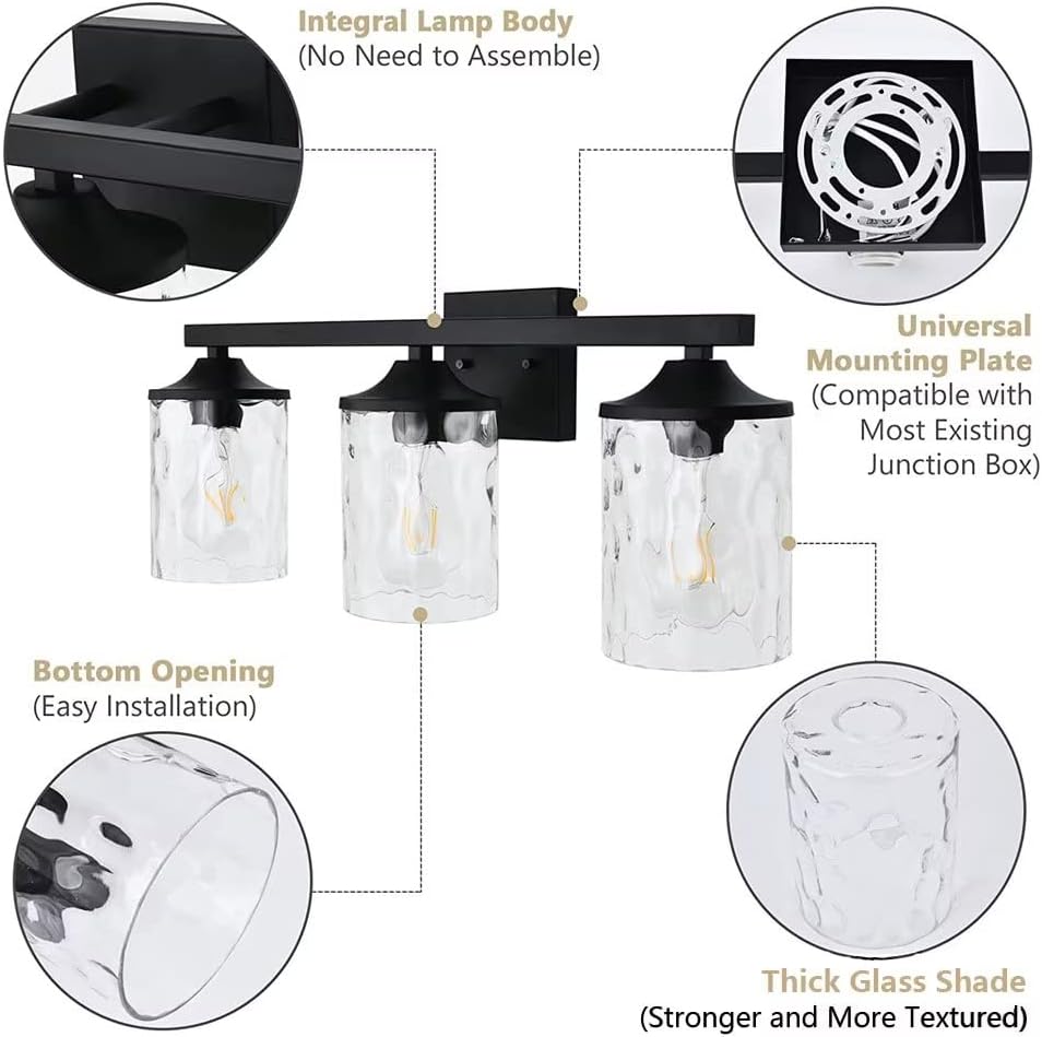 3-Light Wall Light Fixture, Modern Bathroom Vanity Light Fixtures, Matte Black Sconce Wall Lights with Glass Shade, Wall Mount Lighting Mirror Lamp for Bathroom Indoor Wall Lights