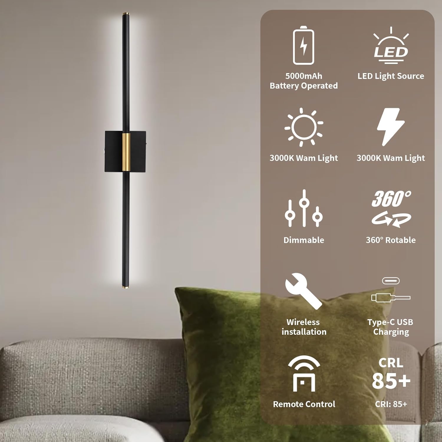 Battery Operated LED Wall Lights, USB Rechargeable Dimmable wall lights with Remote Control, Black Gold LED Rechargeable Sconces,70CM Wireless Wall light for Bedroom Living Room Hallway, 2 Pack