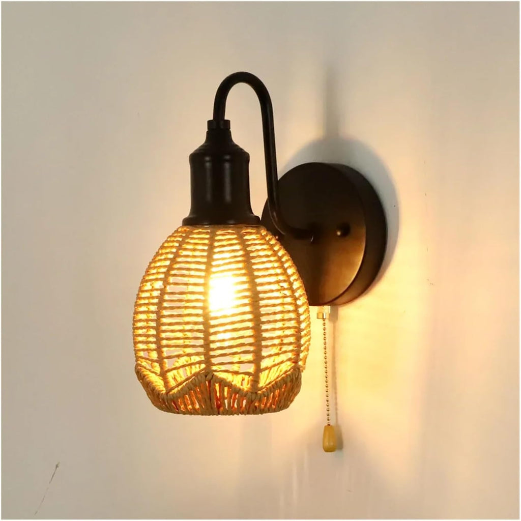 Rattan Pastoral Bedroom Bedside Aisle Background Wall Lamps Modern Woven Cage Lamp Pull Wire Wall Light (Neutral light)