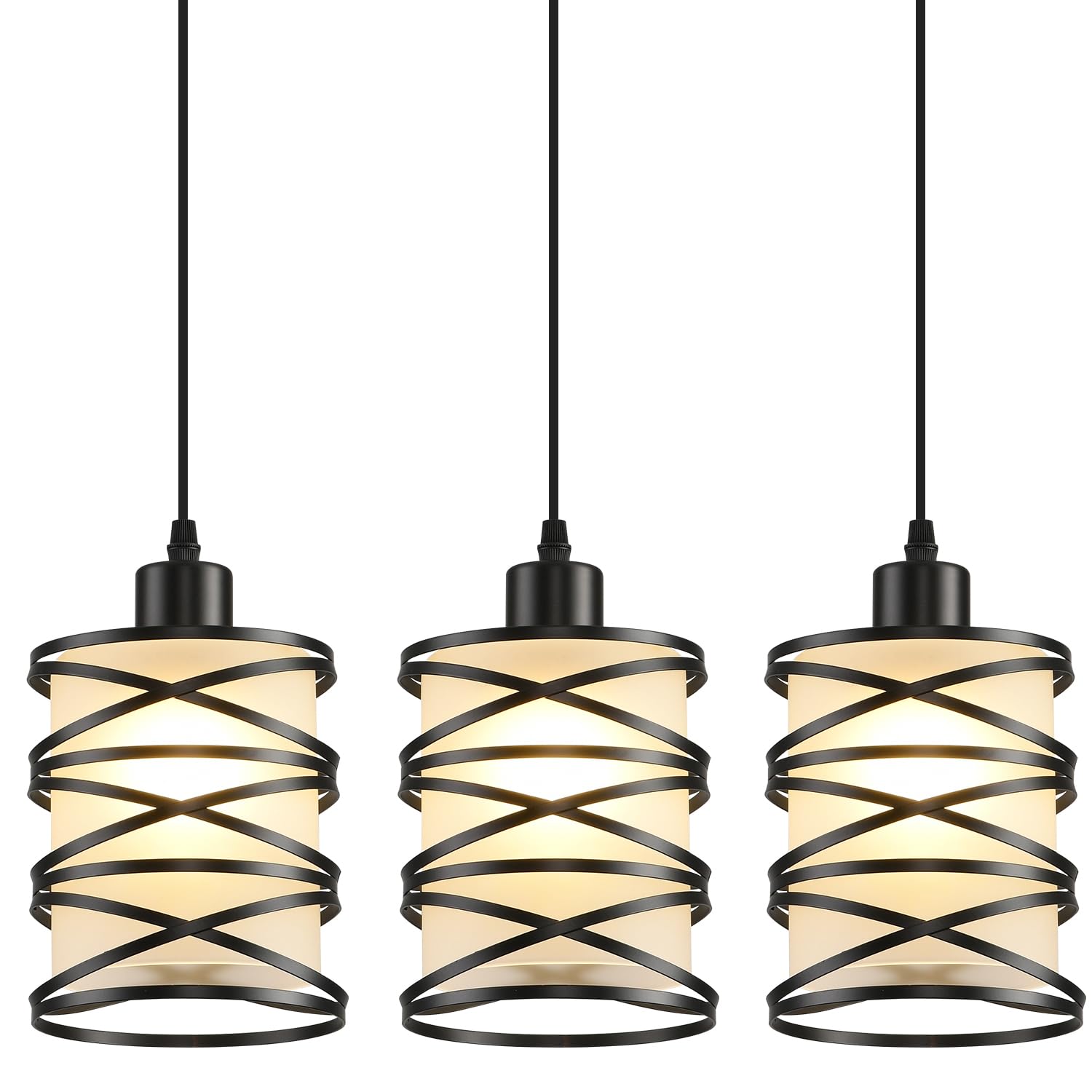 2 Pack Black Spiral Cage Pendant Lights with Clear Glass Shade, Suitable for Kitchen Island, Dining Table, Entryway, Restaurant