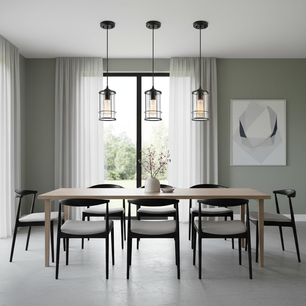 AKEZON Pendant Lights, Black Hanging Light Fixtures Kitchen Island 2 Pack with Clear Glass, Modern Industrial Cage Pendant Lighting for Kitchen Dining Room Entryway Bathroom