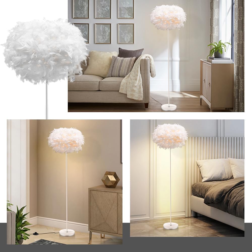55" White Feather Floor Lamp with Foot Switch, E27 Socket for Living Room Bedroom Office