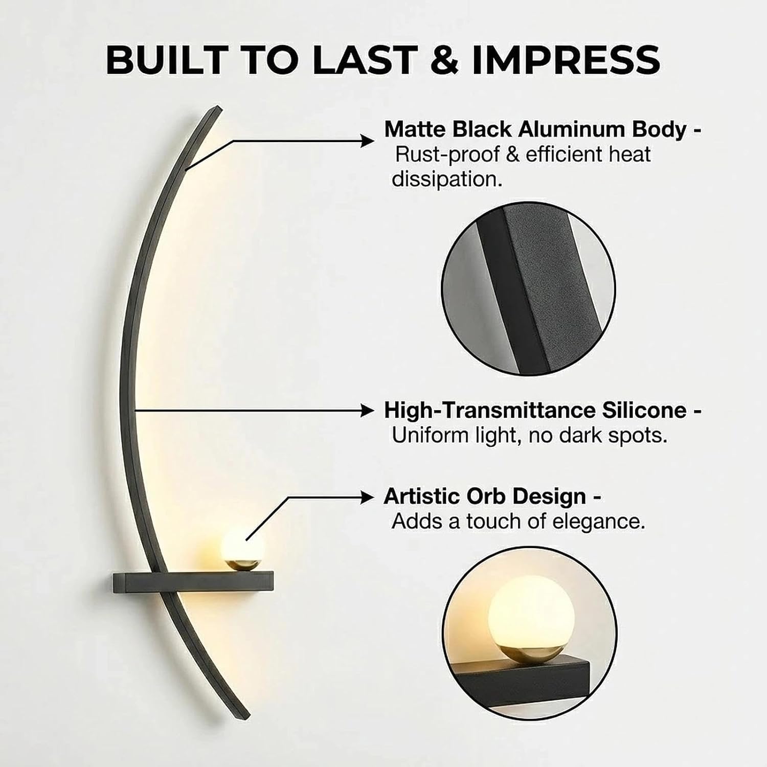 Modern Black Wall Sconces - 21.6" LED Linear Wall Lights for Bedroom & Living Room, 3-Color Dimmable Curved Art Decor Sconce Lamp for Hallway, Stairs & Vanity (Hardwired)(Black Left,55cm)