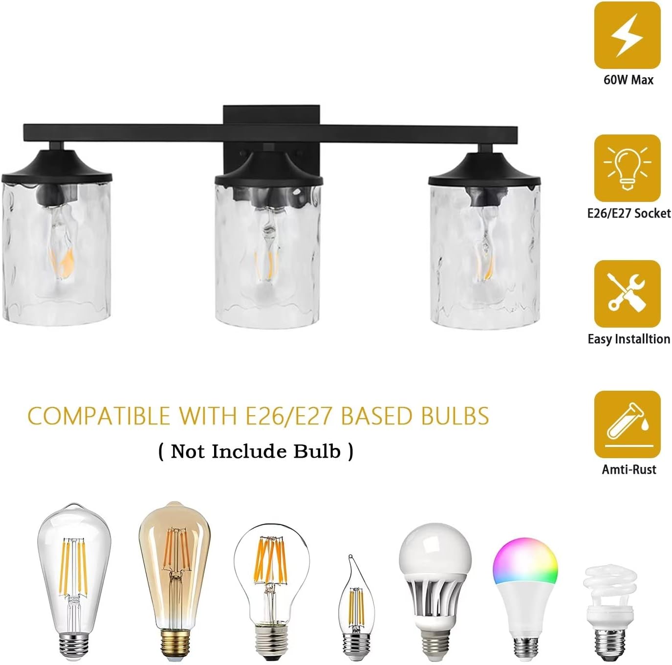 3-Light Wall Light Fixture, Modern Bathroom Vanity Light Fixtures, Matte Black Sconce Wall Lights with Glass Shade, Wall Mount Lighting Mirror Lamp for Bathroom Indoor Wall Lights