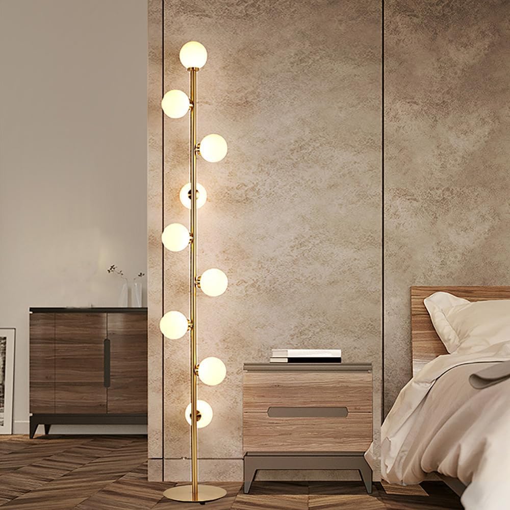 Nordic 9-Light 65" Globe Glass Floor Lamp Golden Floor Light LED G4*9 Tall Lamp with Frosted Glass Iron Standing Light for Living Room Study Bedroom Villa Sofa Area