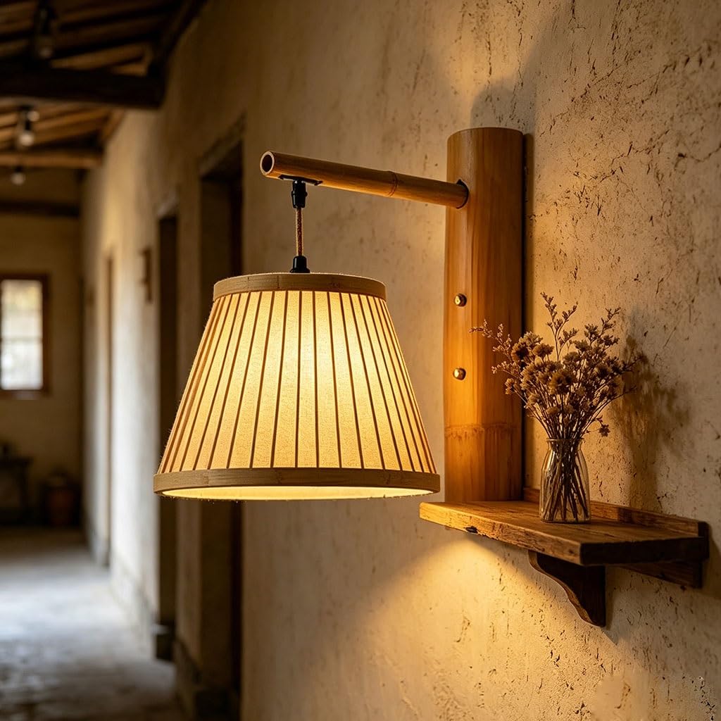 Indoor Bamboo Woven Wall Lamp Handwoven Rattan Wall Light E27 Retro Boho Wall Sconce Rustic Bamboo Lantern Light Fixture Farmhouse Wall Lighting for Living Room/Bedroom(A)