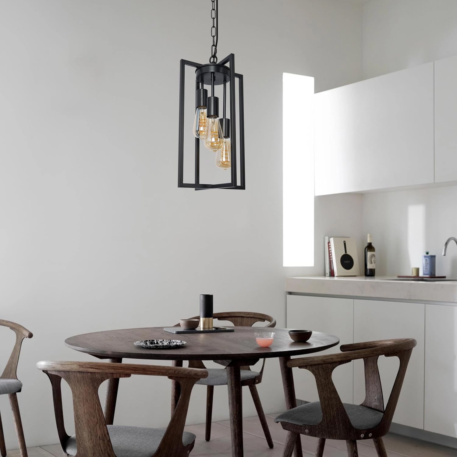 Modern Black Industrial Farmhouse Pendant Lighting, Rectangle Metal Cage Chandelier Hanging Light Fixture for Kitchen Island, Dining Room, Entryway, Hallway (3-Light)