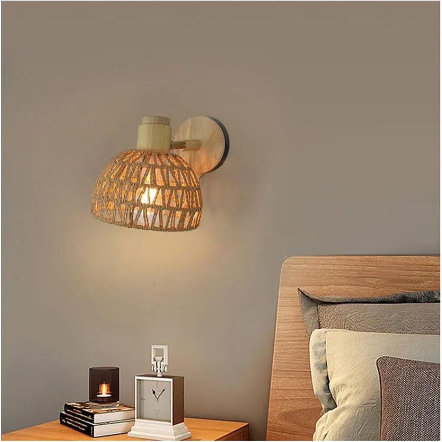 Japanese Rattan Wall Lamp Hand Woven Rural Retro Restaurant Bedside with Zipper Wall Light,Modern
