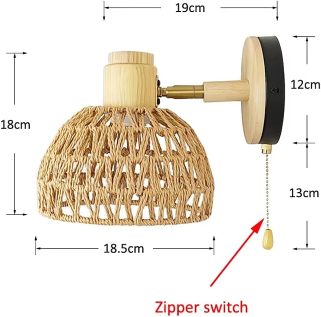 Japanese Rattan Wall Lamp Hand Woven Rural Retro Restaurant Bedside with Zipper Wall Light,Modern