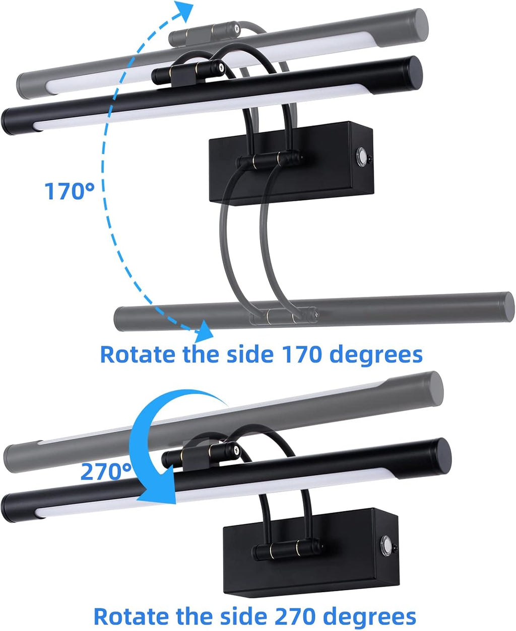LED Picture Lights for Wall Black Bathroom Wall Light 40CM 8W 3CCT Vanity Lighting, 170° Adjustable Black Wall Lamp for Mirror Cabinet